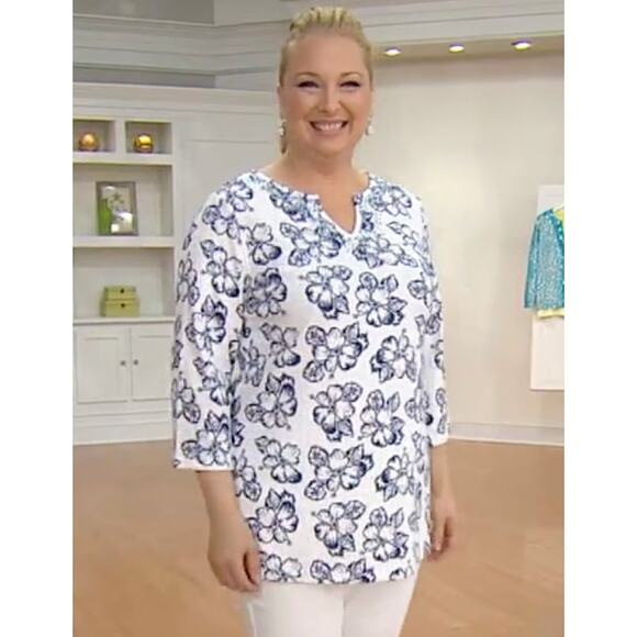Quacker Factory Womens Knit Tunic XXS White Blue Island Floral Print NWT - Picture 1 of 5